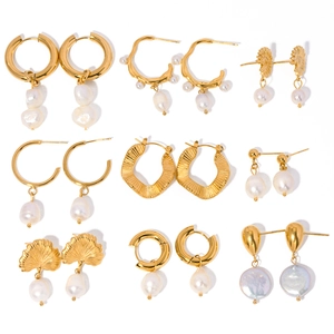 Collection of gold stainless steel earrings with freshwater pearls in various shapes