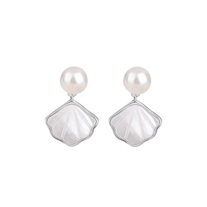 Elegant shell-shaped earrings with white pearls and silver accents on a white background