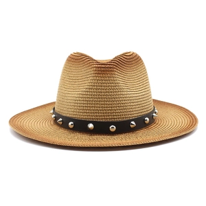 Summer straw fedora hat with rivet leather band and gradient paint finish for men and women