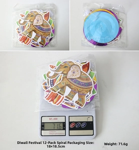 Detail of 12-piece Diwali spiral decorations with colorful printed Indian elephant patterns