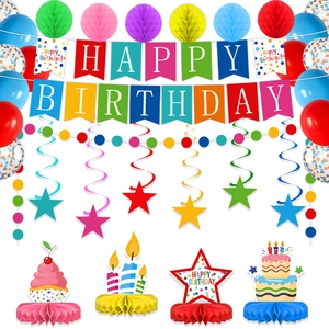 Colorful birthday party set including happy birthday banners, balloons and cake toppers