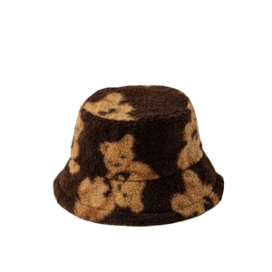Cute bear pattern teddy fleece bucket hat in brown and beige colors for winter