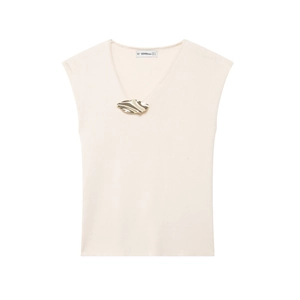 Women's cream V-neck knit vest featuring a unique gold metal buckle ornament detail