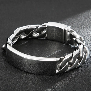 Pulsera de Cadena Cubana de Acero de Titanio Pulido Hip Hop para Hombre Con Placa de ID Lisa Grabable Joyería de Regalo