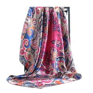 Bohemian paisley print satin silk scarf in vibrant pink and navy blue for women