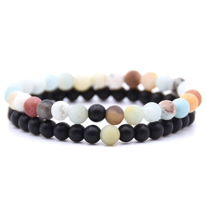 Detail of 6mm distance bracelet set with matte black beads and colorful frosted stones