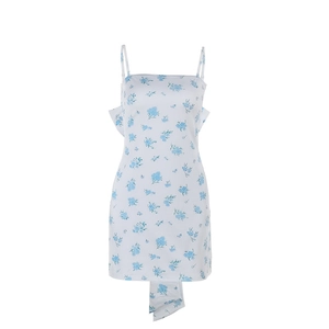Elegant white floral mini dress with blue patterns and back bow detail for women