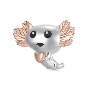 925 Sterling Silver Axolotl Bead Charm Rose Gold Plated Heart Cartoon Salamander For DIY Bracelet Jewelry Making