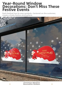 Detail of Santa Claus static window stickers with snowflakes for Christmas decor