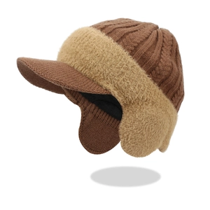 Winter knit trapper hat for men with warm fleece lining and sun visor in dark brown