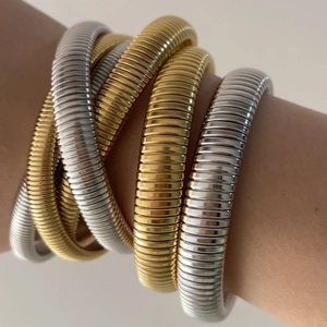 Tubogas Bangle Stainless Steel Elastic Textured Wide Band Vintage Minimalist Jewelry For Women Men Chunky Stackable