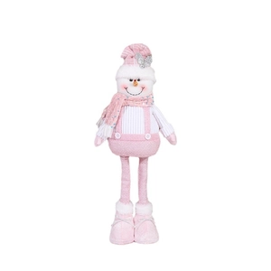 Pink Christmas snowman plush with telescopic long legs and sequin scarf decor