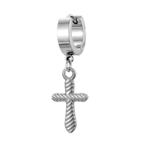 Polished silver stainless steel hoop earrings with textured cross pendant for men