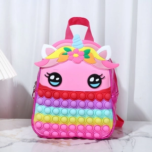Detailed view of pink unicorn backpack with rainbow silicone pop-it sensory toy