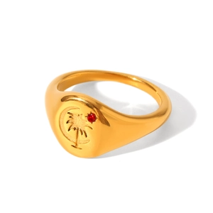 Classic 18K gold plated stainless steel signet ring with palm tree and red zircon gem
