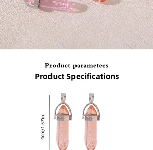 Macro shot showing pink and amber hexagonal crystal pendants measuring four centimeters