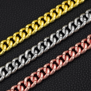 Detailed view of 13mm iced out Cuban link chains in gold, silver and rose gold colors