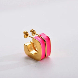 Modern geometric C-shaped stainless steel earrings with pink enamel and gold finish