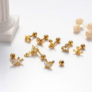 Golden stainless steel stud earrings set with zircon butterfly and heart shapes