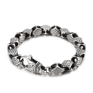 Punk style men's geometric titanium steel bracelet with vintage engraved buckle on white base