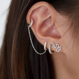 Silver S925 snake stud earrings with green eyes and sparkling crystal ear cuffs