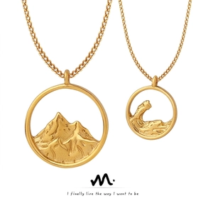 Mountain Sea Wave Relief Round Medallion Necklace Stainless Steel 18K Gold Plated Chinese Style Pendant Jewelry For Women