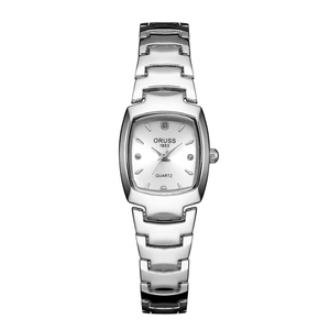 Minimalist women's quartz watch with silver steel tonneau case and sunburst dial