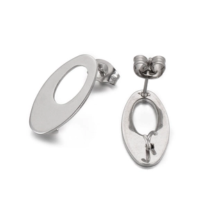 Detail view of silver stainless steel oval hollow earrings with butterfly push-back closure
