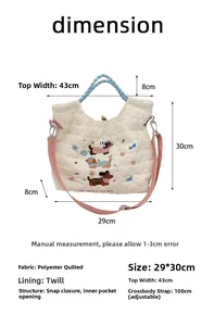 Detailed view of quilted heart texture and cute embroidered dachshund on white tote bag