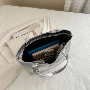 Silver crocodile embossed large tote bag with metallic finish for office and daily use
