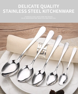 Five assorted stainless steel soup spoons neatly arranged on a ceramic dinner plate