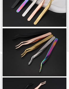 Five color options of stainless steel eyelash extension tweezers in professional display