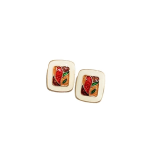 Vintage style square enamel earrings with colorful abstract floral patterns on white background