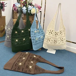 Handmade crochet tote bags with 3D floral embroidery in five neutral vintage colors