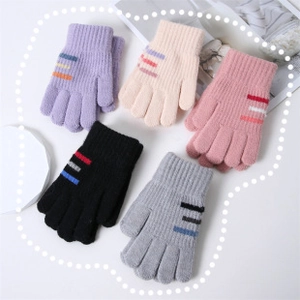 Five pairs of knitted winter gloves for kids in purple, beige, pink, black and grey
