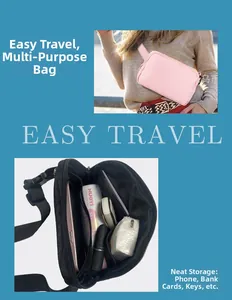 Detail of compact nylon belt bag with main zipper and internal mesh storage pockets