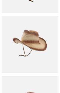 Detail of gradient woven straw cowboy hat with adjustable drawstring and fine texture