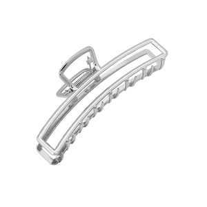 Detailed view of a silver hollow rectangular metal hair claw clip on white background