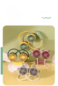 Detail of cartoon neck fan with flexible hose and dual heads in four pastel color options