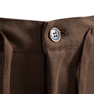 Men's brown casual twill pants featuring adjustable drawstring waist and button closure