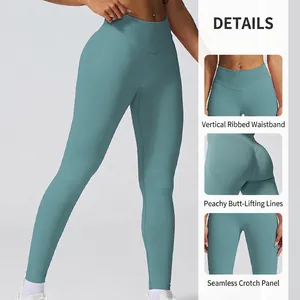 Leggings de yoga sans couture taille haute gris bleu avec effet push-up et taille côtelée