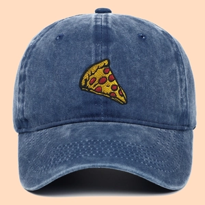 Vintage washed blue cotton baseball cap with detailed pizza slice embroidery on front