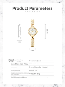 Detailed size specifications for women's gold quartz watch with rhinestone bracelet