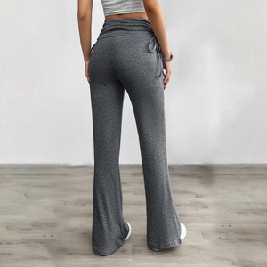 Pantalon Évasé Femme Viscose Plissé Taille Haute Cordon De Serrage Décontracté Yoga Ajusté