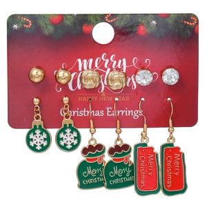 Close-up of a 6-pair Christmas stud earrings set featuring snowflake and reindeer designs