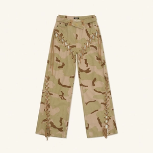 Camo wide-leg cargo jeans with lace-up cutout details in desert camouflage style