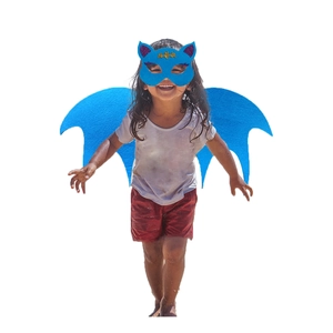 Detail of blue felt bat wings and mask set for children's Halloween cosplay costumes