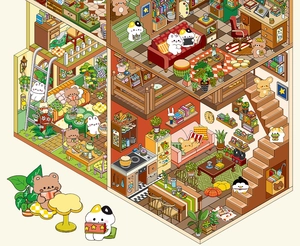 Detail view of isometric cartoon miniature house stickers with indoor room scenes