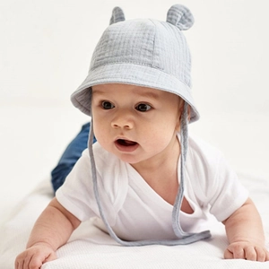 Detailed view of light blue baby sun hat with cute ears and adjustable chin strap
