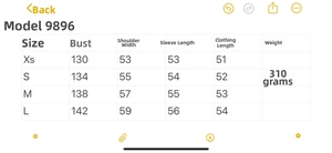 Size chart for women striped jacket showing bust, shoulder, sleeve and length details